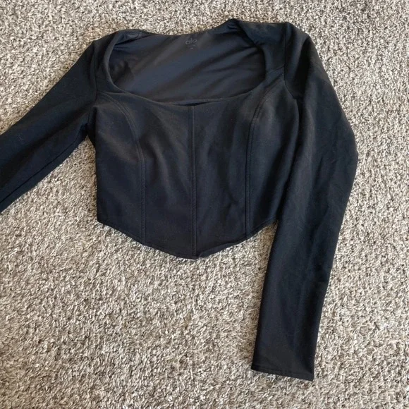 Alo Yoga Womens Black Long Sleeve Corset Top Square Neck Curved Hem Medium - Picture 3 of 9